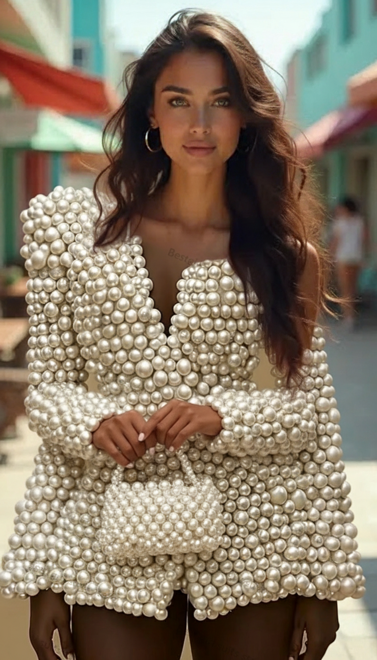 Luxury Full Pearls Women Suit 1 Piece Blazer Formal Office Jacket Customized Wedding Spring Cotton Coat Outfit (No Back Pearls)